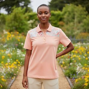 Women's Kim Rogers Perfectly Soft Peach Collar Button Floral Accent Size XL